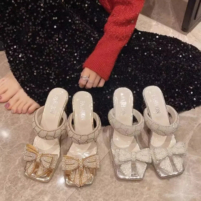 Fashion Women's Square Heel One Kick Sexy Bow Tie Sandals Pearl Banquet Extra-shaped Heel Sandalias De Mujer
