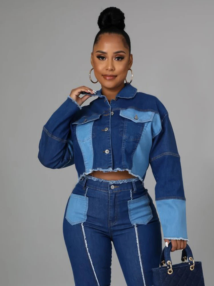 Women's Matching Set Denim Patchwork Vintage Short Jacket and Flare Pant Two Piece Set Outfit Autumn Casual Y2K Fashion Sets