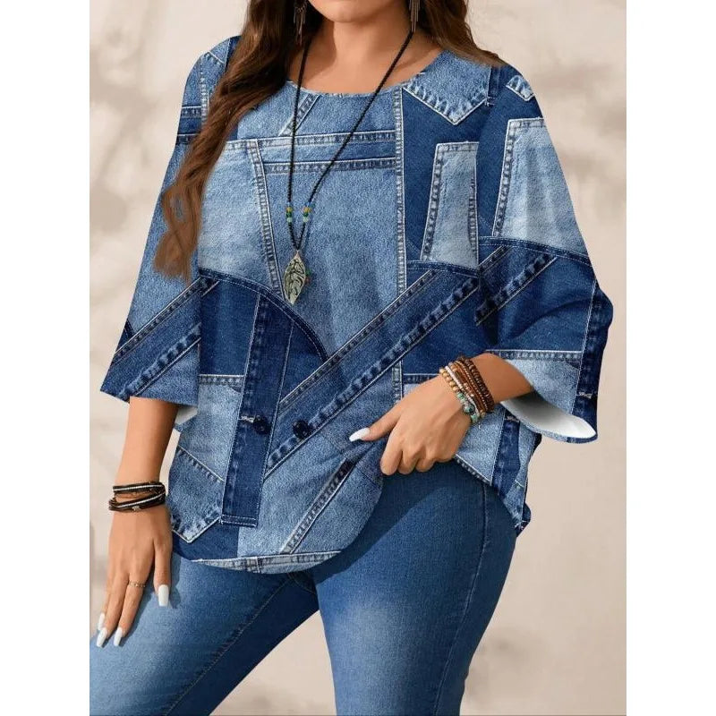 Plus Size Women's T-shirt Summer V-neck Short Sleeve Graphic Print T-shirt.