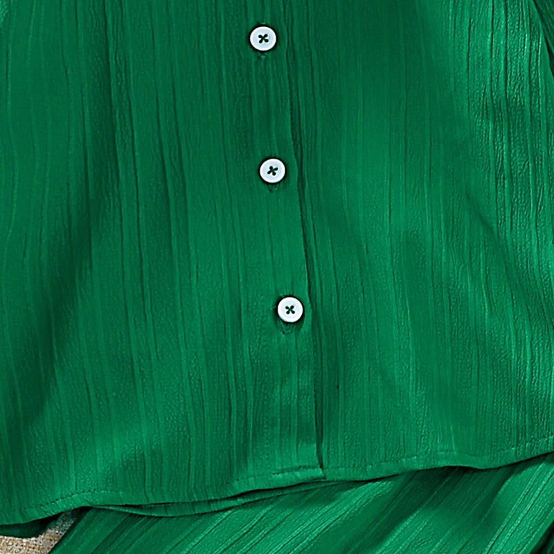 Girls Sets 8-12 Years Green Long-Sleeved Top + Green Pants For Girls Korean Style Suits Summer Casual Clothes Sets