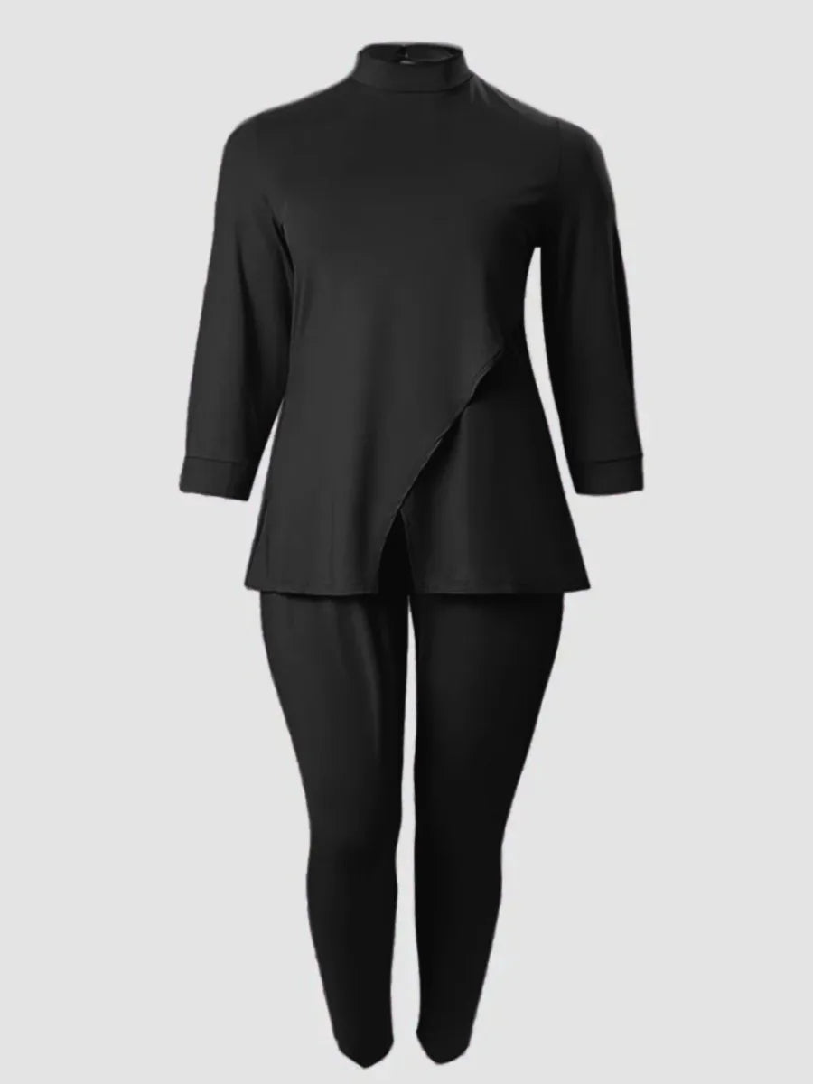 Plus Size Turtleneck Split Pants Set Solid Colour Loose Casual Slim Pants Two Piece Set