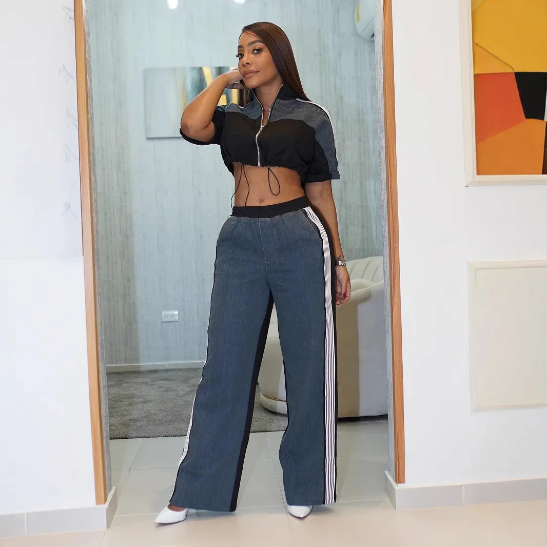 Pant Set Women Two Piece Set Denim Matching Sets Jogger Tracksuit Matching Sets Zipper Tops Wide Leg Long Pants Elastic Waist.  S-2X