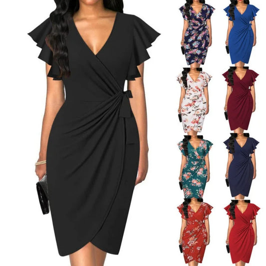 Sexy Summer Cocktail V Neck Ruffle Sleeve Ruched Formal Wedding Dress.  S-2X