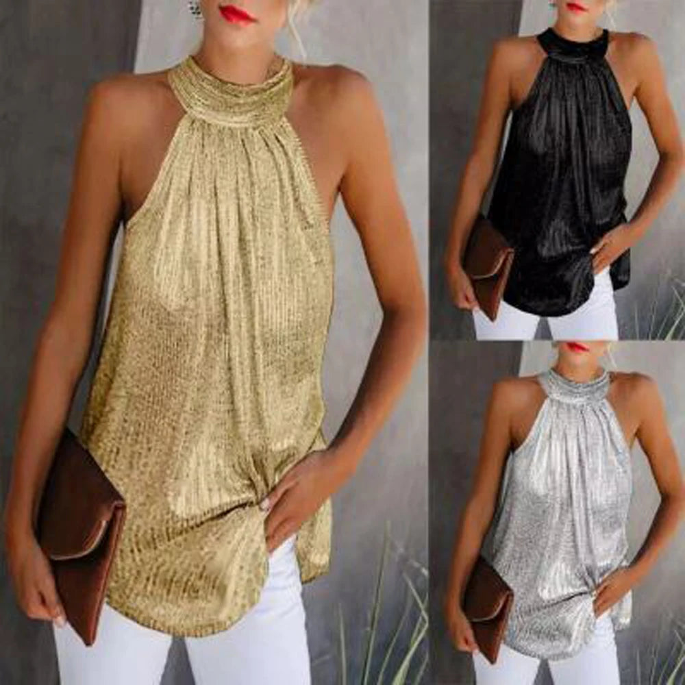 Women Halter Sleeveless Loose Sequined T- Top .  S-4X