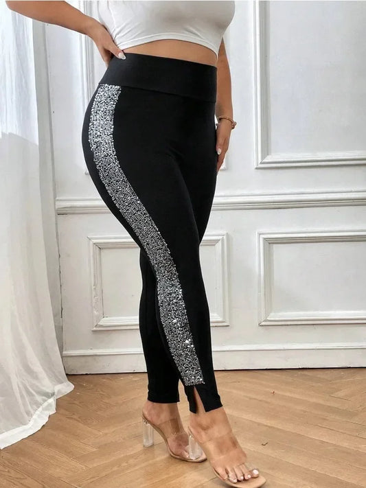 Women's Plus-size Elegant Stretch Leggings Fashion Sequin Side Seam Slim Pants