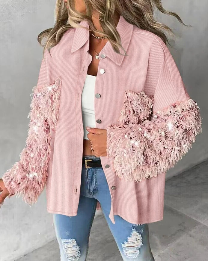 2025 New Fashion Casual Contrast Sequin Turn-Down Collar Long Sleeve Elegant Design Shacket with Pocket.