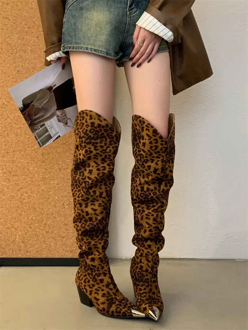 Women's Over-The-Knee Boots - Pointed Toe Chunky Heel with Metal Decoration