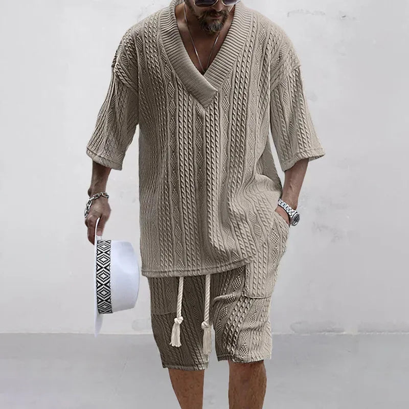 Mens High Quality Summer Casual Knitted Two Piece V-Neck Short Sleeve T-shirt and Shorts.  Sizes S-3XS