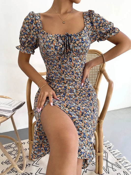 Elegant fashion women's dress, elegant print slit dress.  xS-2x