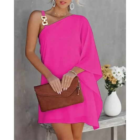 Summer Women's Dress One Line Diagonal Neck Off Shoulder Solid Colour and Metal Strap Bat Sleeve Dress.  S-2X