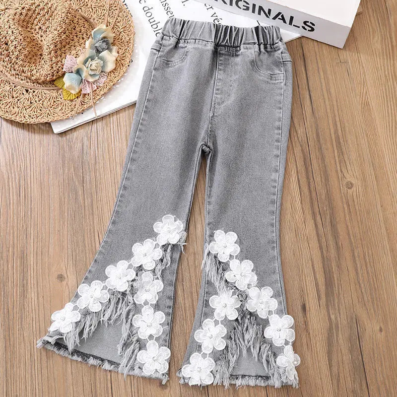 Girls Set All Season Children's Lace Long-sleeved Shirt Two-piece Set.