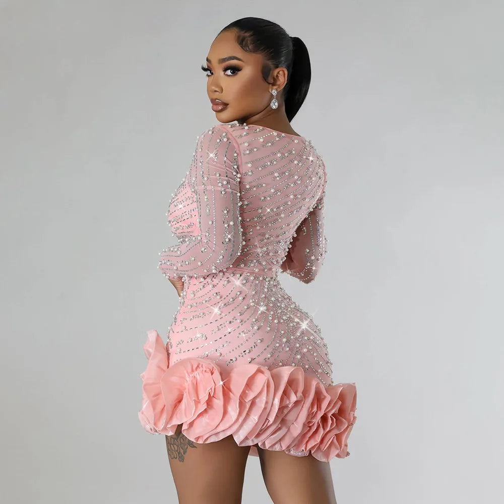 Long Sleeve V Neck Sexy Glittering Diamond Bodycon Mini Dress. S-2xL