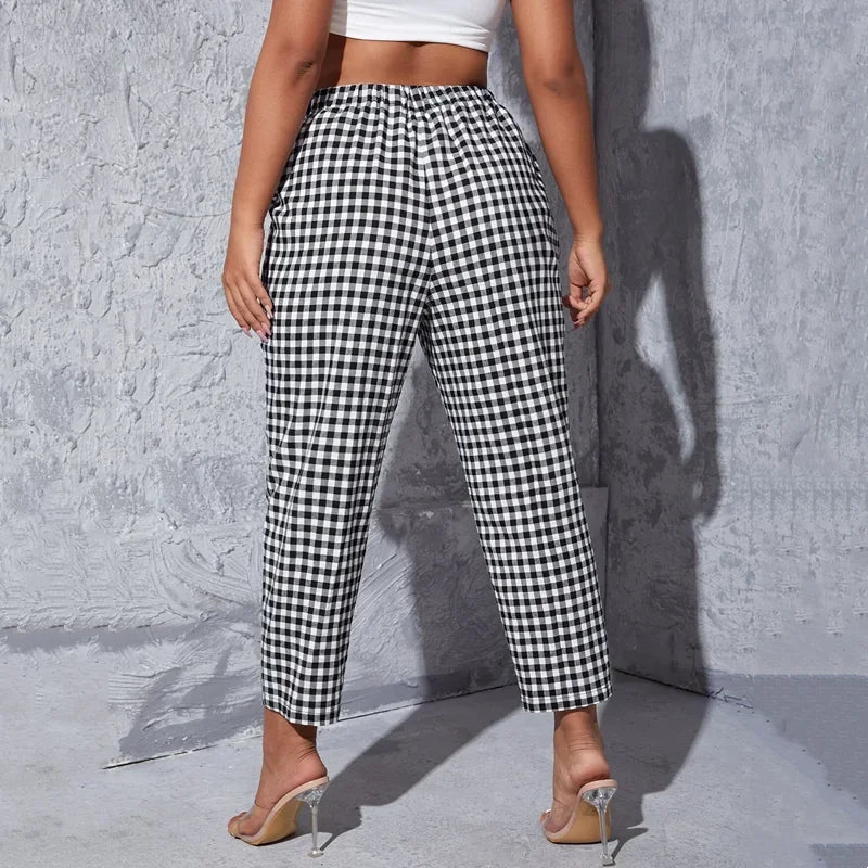 Curvy Size Gingham Summer Casual Tapered Pants Elastic Waist Pocket Front ,Ankle Length Straight Pants