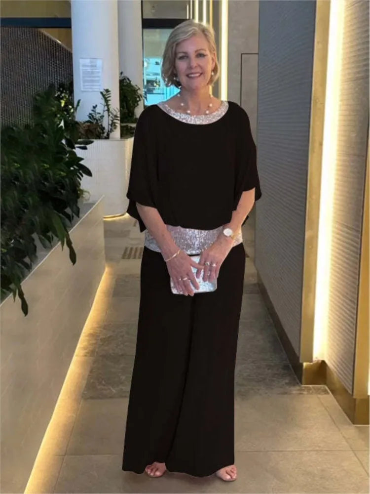 Fashion Sequin Splicing Chiffon Bat Wing Short Sleeved Blouse Wide Leg Pants Elegant 2 Piece Set.  S-3xL