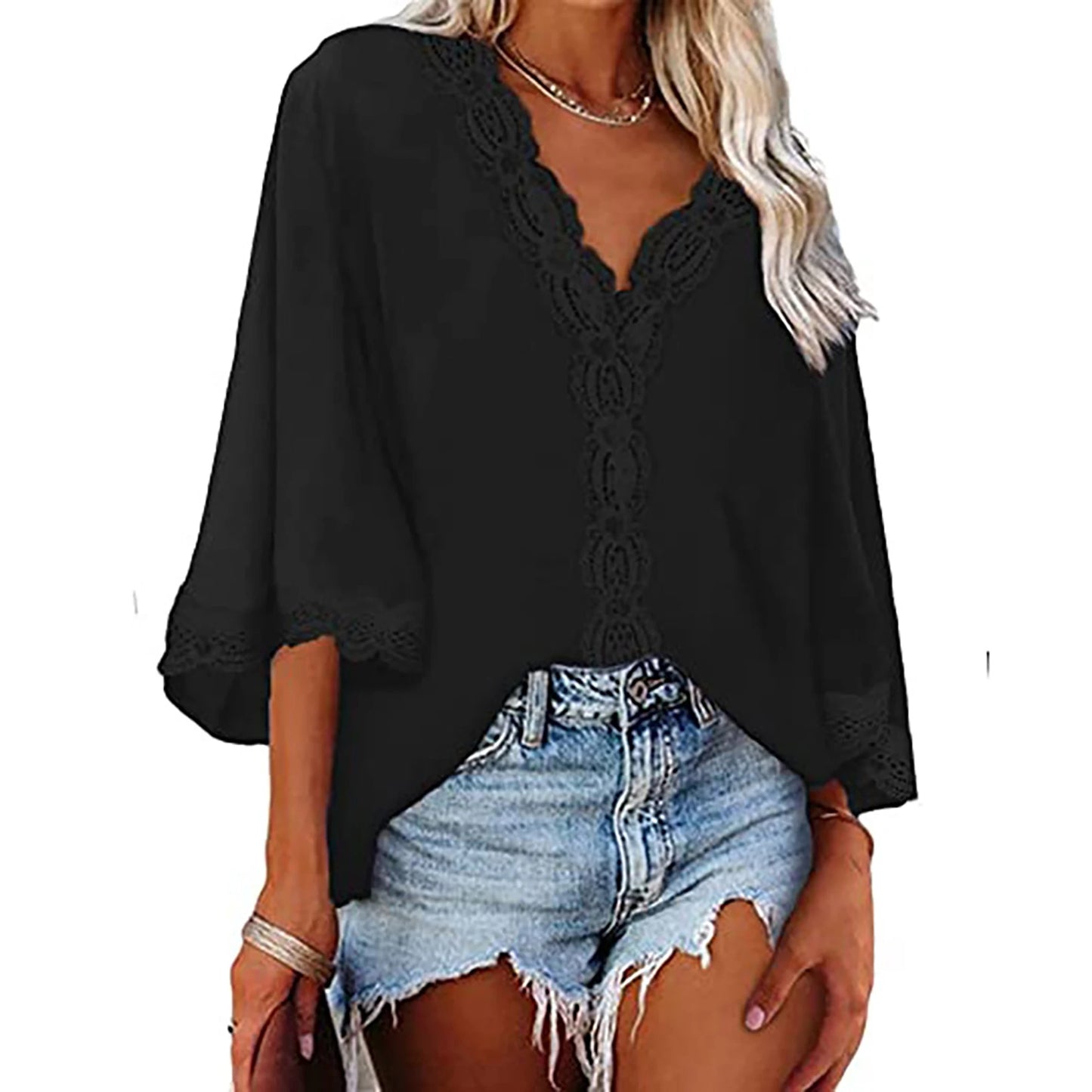 European style spring and summer new women's shirt flared sleeve V-neck loose shirt.  S-2X