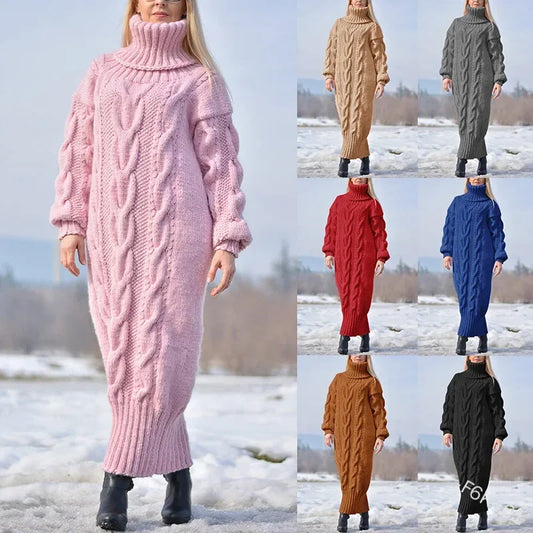 2025 Autumn Winter Solid Colour Turtleneck Pullover Twisted Loose Knitted Sweater Long Sweater Dress for Women.  S-5X