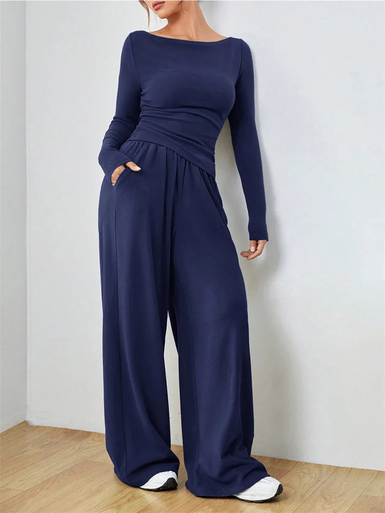 Relaxed Women's Two-Piece Wide-Leg Pant Set Soft And Comfortable Style.