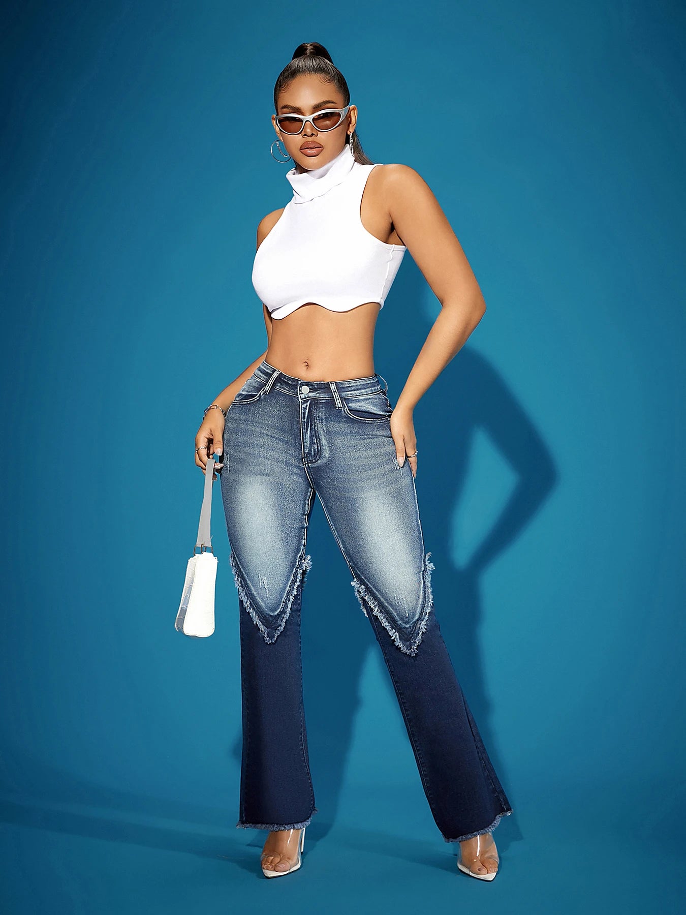 2025 women's denim patchwork washed worn-out hem retro high waist casual street-wear . Hot selling  S-2X