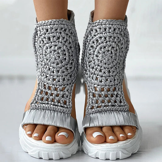 Women Braided Geometric Wedge Sandals Knitted Elastic Summer Mesh Flat Sandals