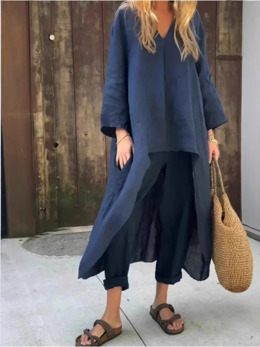 New Women's Pocket V-neck 2-piece Set Solid Loose Casual Women's Clothing Fashion Elegant Two Piece Outfits Woman.  S-3X
