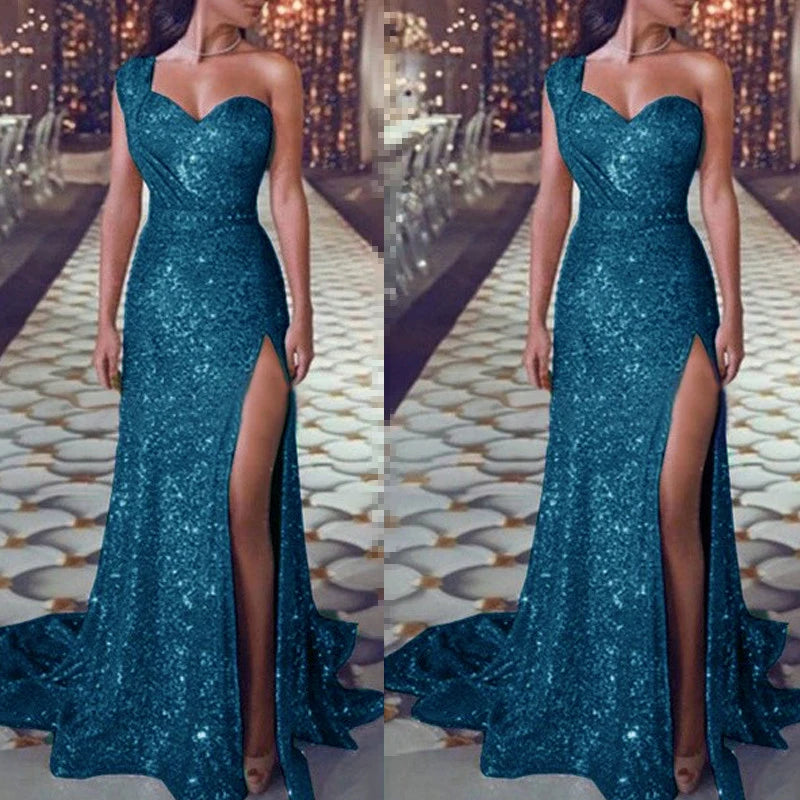 Women Sexy One Shoulder High Split Irregular Dress New Fashion Shiny Sequin Long Evening Lady Elegant Party Dress.  S-3X