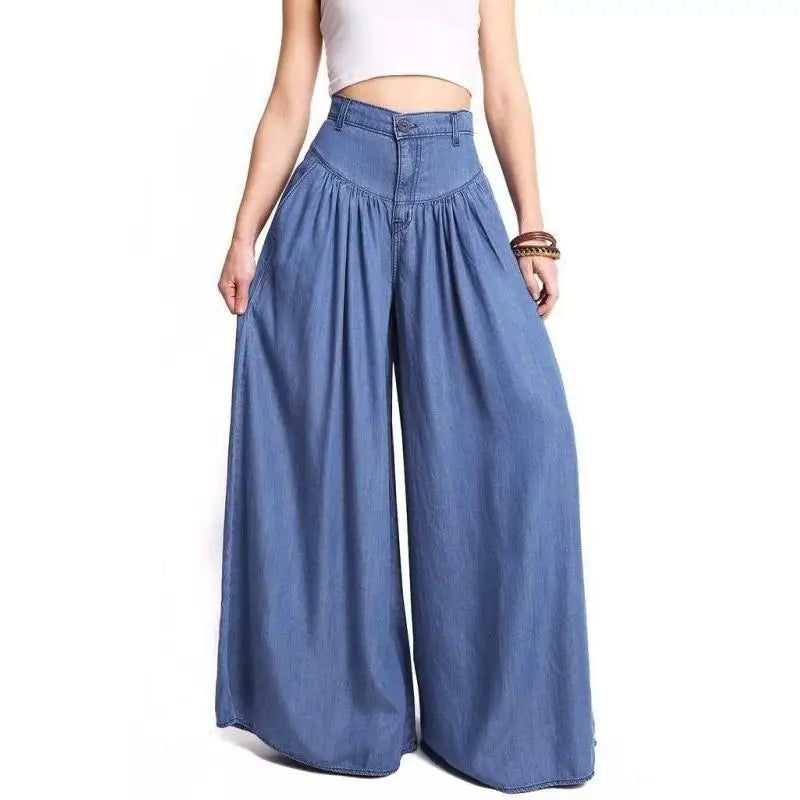 Ladies Casual Cotton Linen Jeans Fashion Solid Colour Wide Leg High Waist Long Pants.