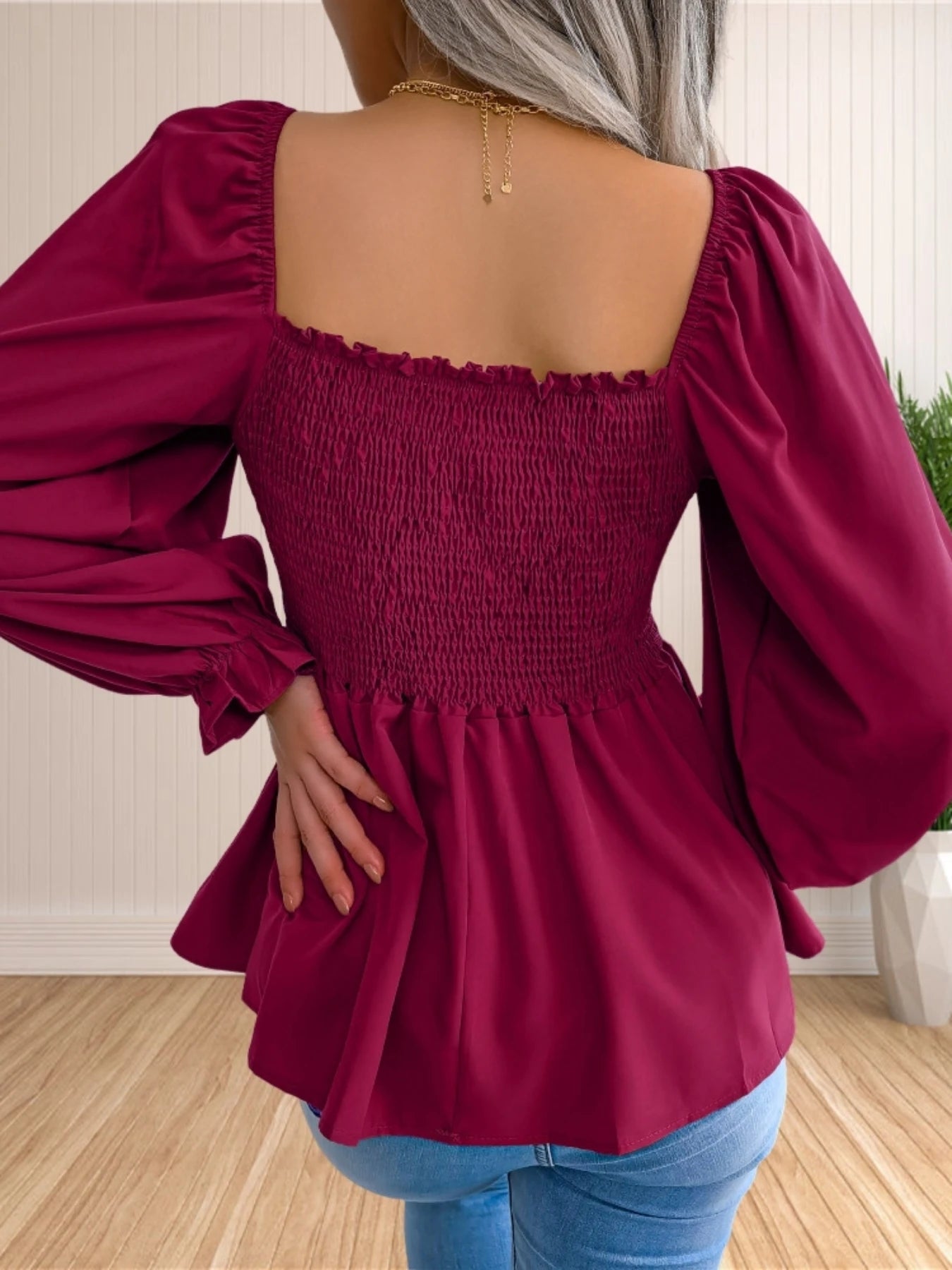 Women's Casual Long Sleeve Blouse Square Neck Smocked Ruffle Hem Slim Baby Doll Top. S-XL