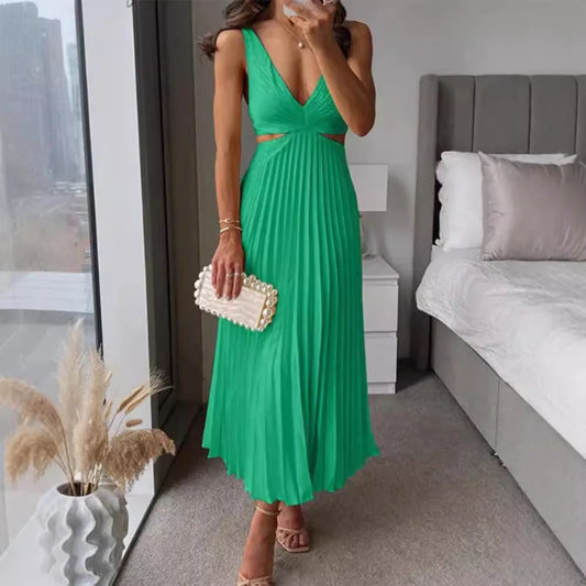 Elegant Long Summer V-neck Sleeveless Hollow Out Backless Sexy Dress .  S-xxL