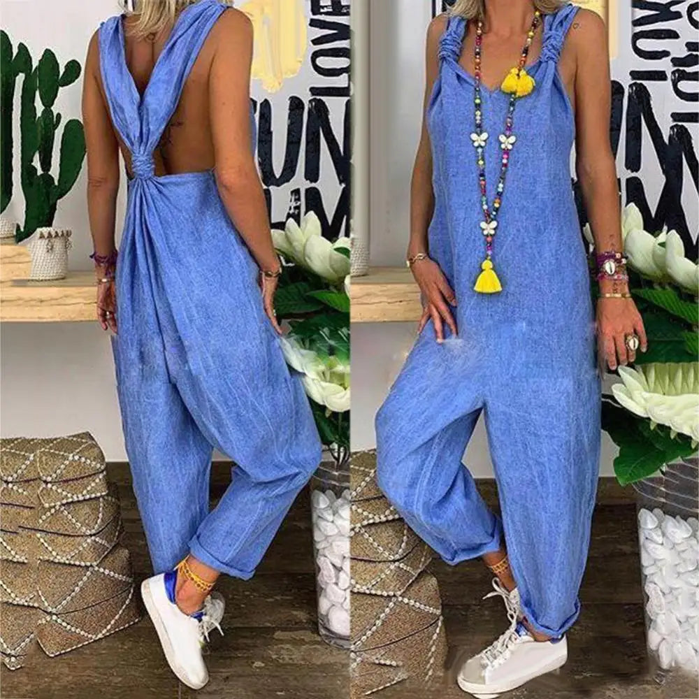 Women Casual Backless Solid Colour Sleeveless Jumpsuit