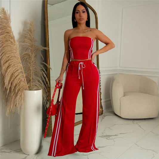 Women's Sexy Sleeveless Wide-leg Pants Two-piece Summer New Female Casual Solid Color Striped Top Long Pant Suit 2025.  S-2x