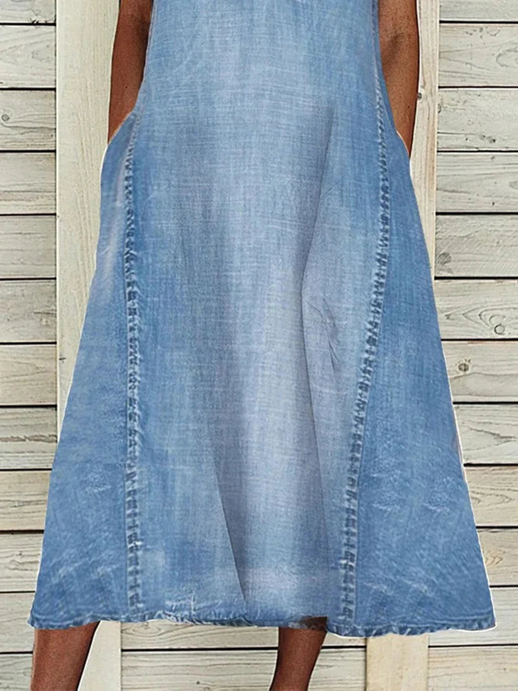 Summer Sleeveless Dress Sexy V-neck Blue Denim Loose Midi Dress Pockets Casual Long Dress.  S-3X