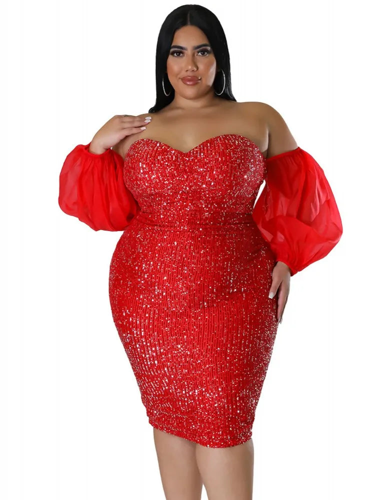 Plus Size Women Sexy Sequin Dress Strapless Solid Party Evening Dress Bodycon Skinny Dress
