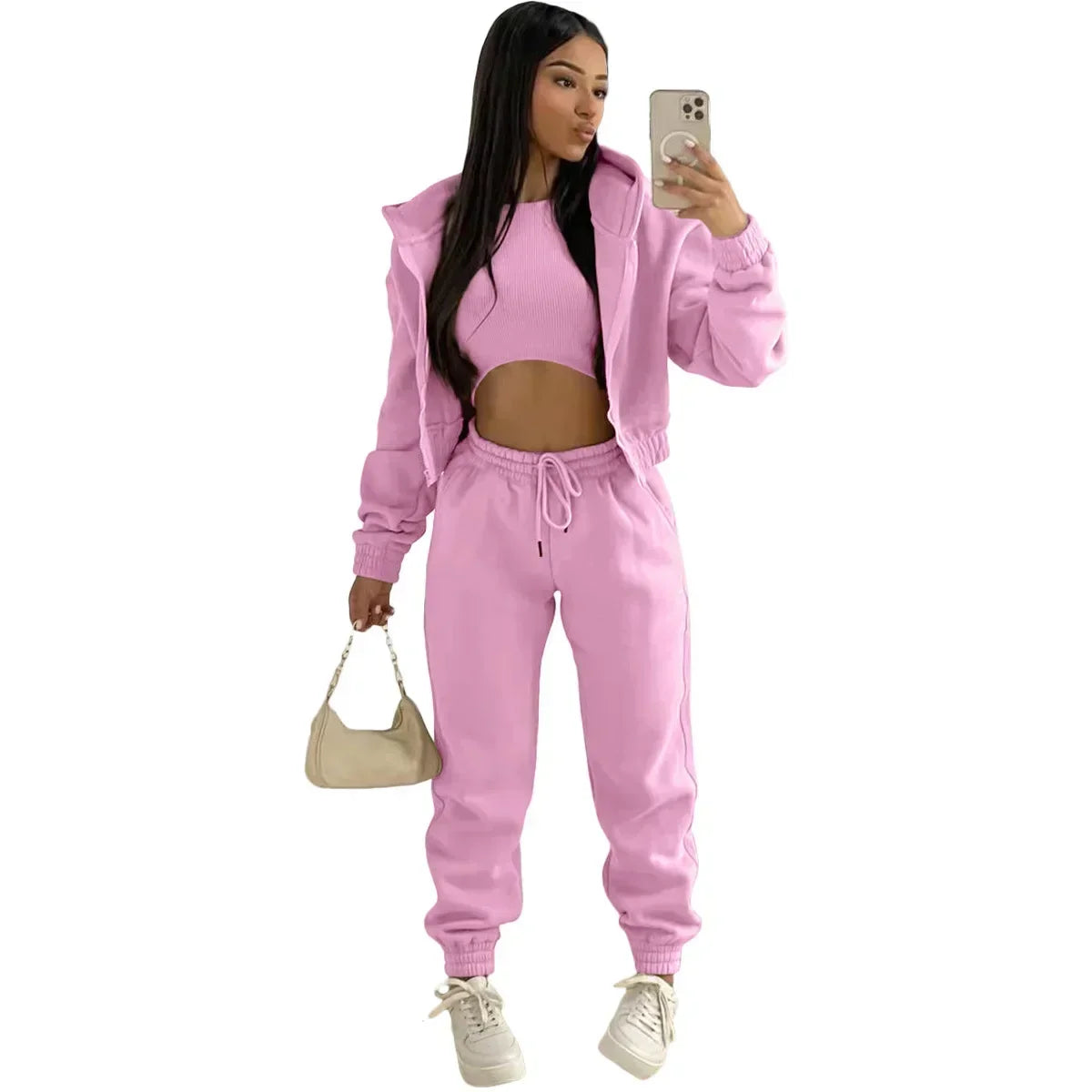 3pcs Women's Clothing Set Fleece-lined Hooded Sweater & Sleeveless Tank Top &  Sweatpants Pants.  S-2x