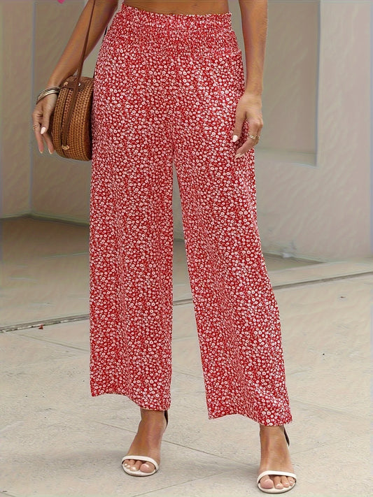 Elastic waist Casual Floral Print High Waist Pants For Spring & Summer.