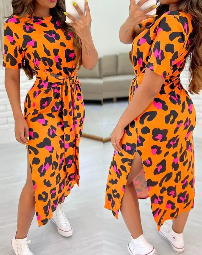 Summer Casual Sexy Elegant Dress Leopard Knotted + Slit Casual Dress.  S-XL