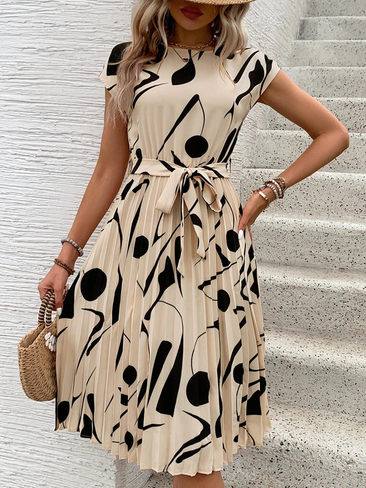 Summer Europe hot selling pleated round neck flare dress.