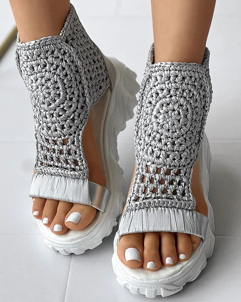 Women Braided Geometric Wedge Sandals Knitted Elastic Summer Mesh Flat Sandals