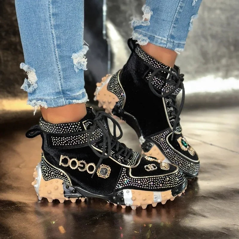 Women Casual Sneakers Luxury Designer Boots Rhinestone Suede High-Top Thick Bottom Shoes Female Tennis Outdoors Walking Shoes