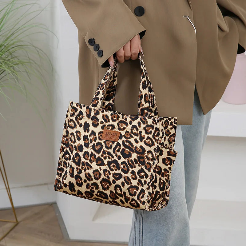 New Retro Leopard Print Large Capacity Lunch Tote Bag with Storage Pouch Commuter Work Handbag Portable Meal Bag