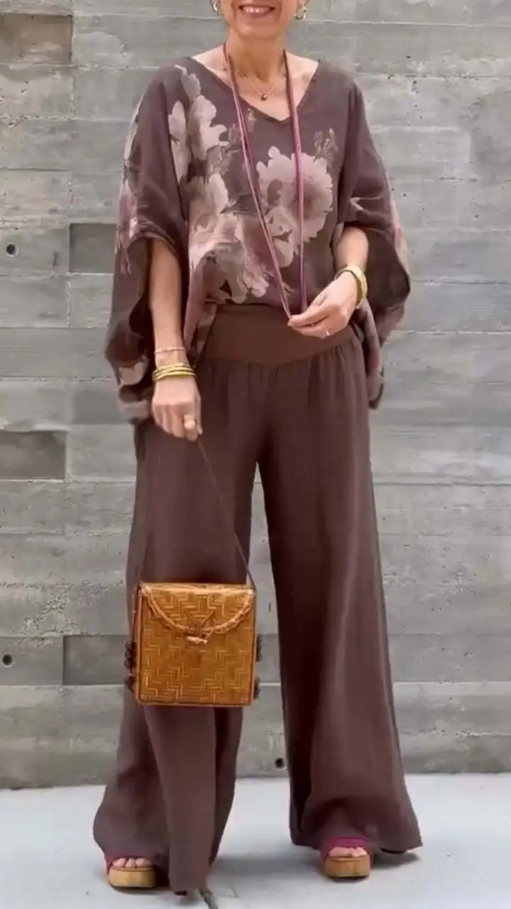 Casual Two Piece Women Spring and Summer Flower Print Short Sleeve Shirt Wide leg Trousers Fashion Suit.  S-3XL