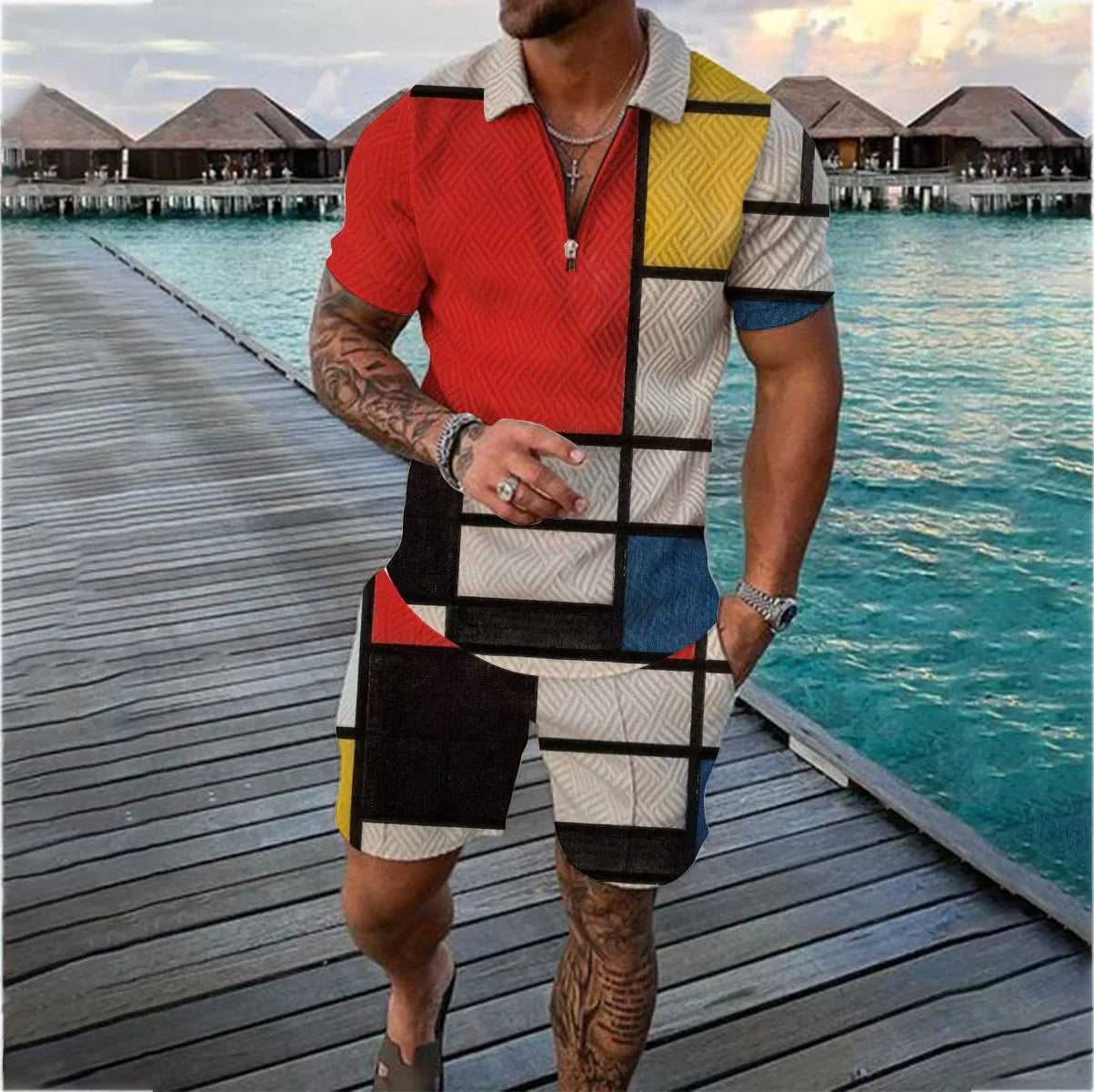 Summer Men's Sport Short Sleeve Stylish Zipper Polo Shirt And Short Set.  SZ: S-5X