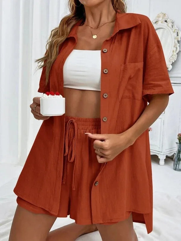 Ladies Casual two-Piece Summer Fashion Casual Loose Single Breasted Shirt Short Sleeve Shorts Two Piece Set.  S-3X