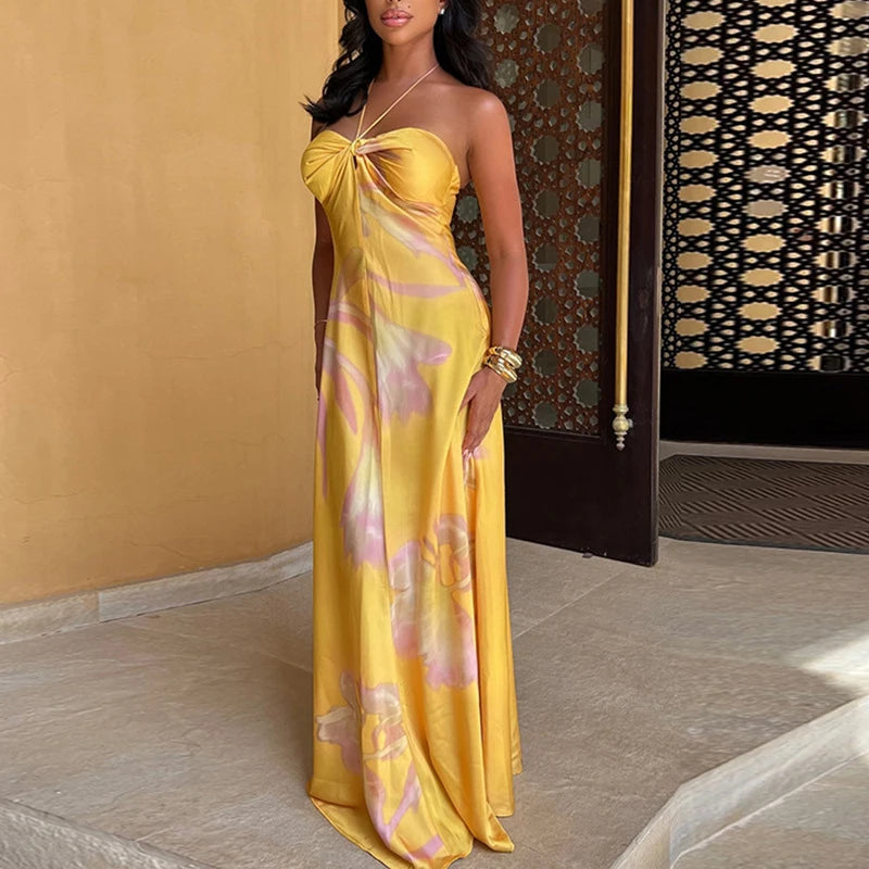 Yellow Printed Halter Satin Women's Dress New Summer Bohemian Sexy Sleeveless Slim Party Long Dress.  S-L