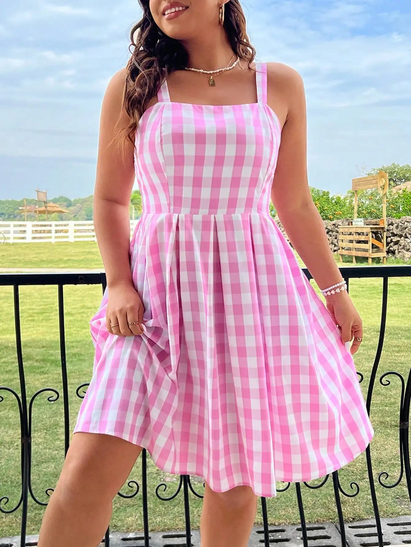 Plus Size Women's 2025 Summer New Plaid Dress Square Neck Dress Best for Summer.