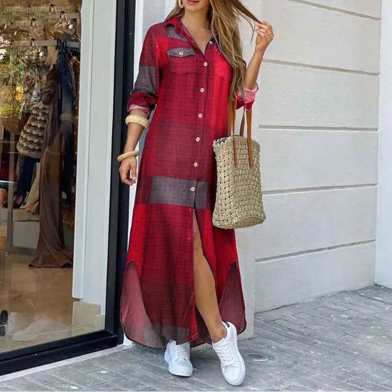 Women's Fashion Plaid Printed Polo Neck Shirt Dress Elegant Denim Long Sleeve Button Pocket Loose Long Dress.   S-3X