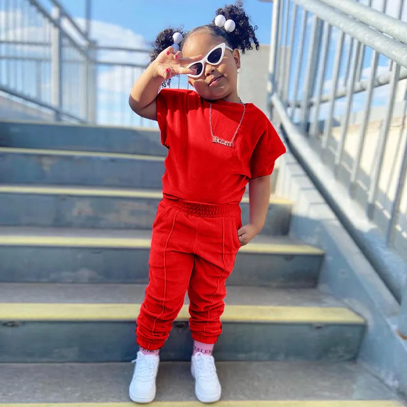Fashion Kids Little Girls Clothing 2 Pieces Sets Cotton Solid Casual T-shirt+Elastic Waist Pants Young .