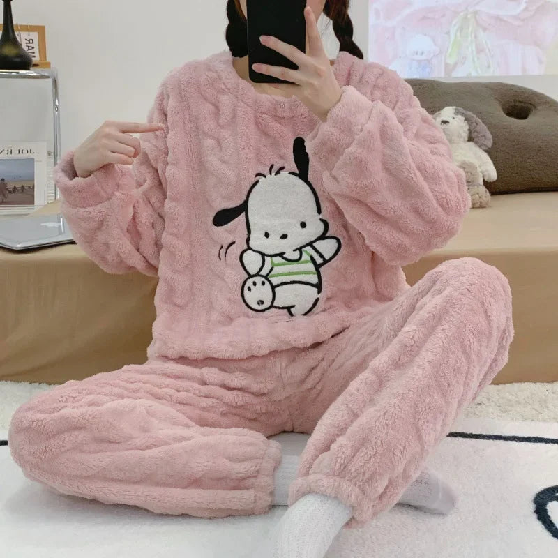 Hello Kittys Women's Coral Fleece Plush Pajamas Set Sanrioed Autumn Winter Pajamas Thickened Warm Home Clothes Loose Fitting.  S-5X