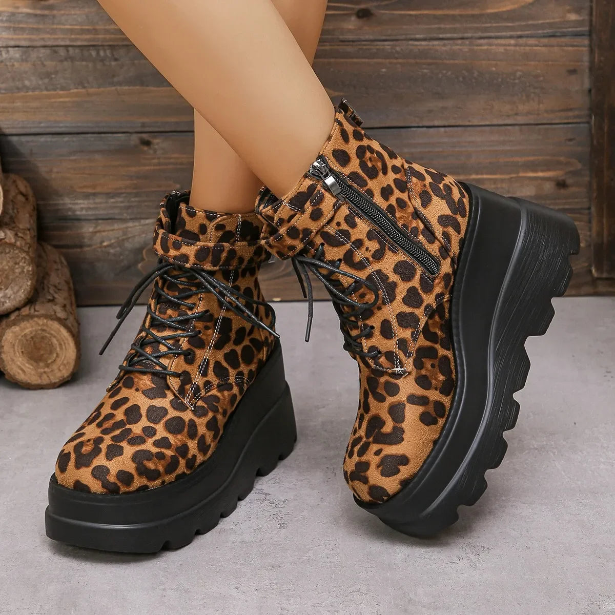 2025 Ladies Ankle Boots Modern Boots Leopard Side Zip Front Lace-up Wedge Boot