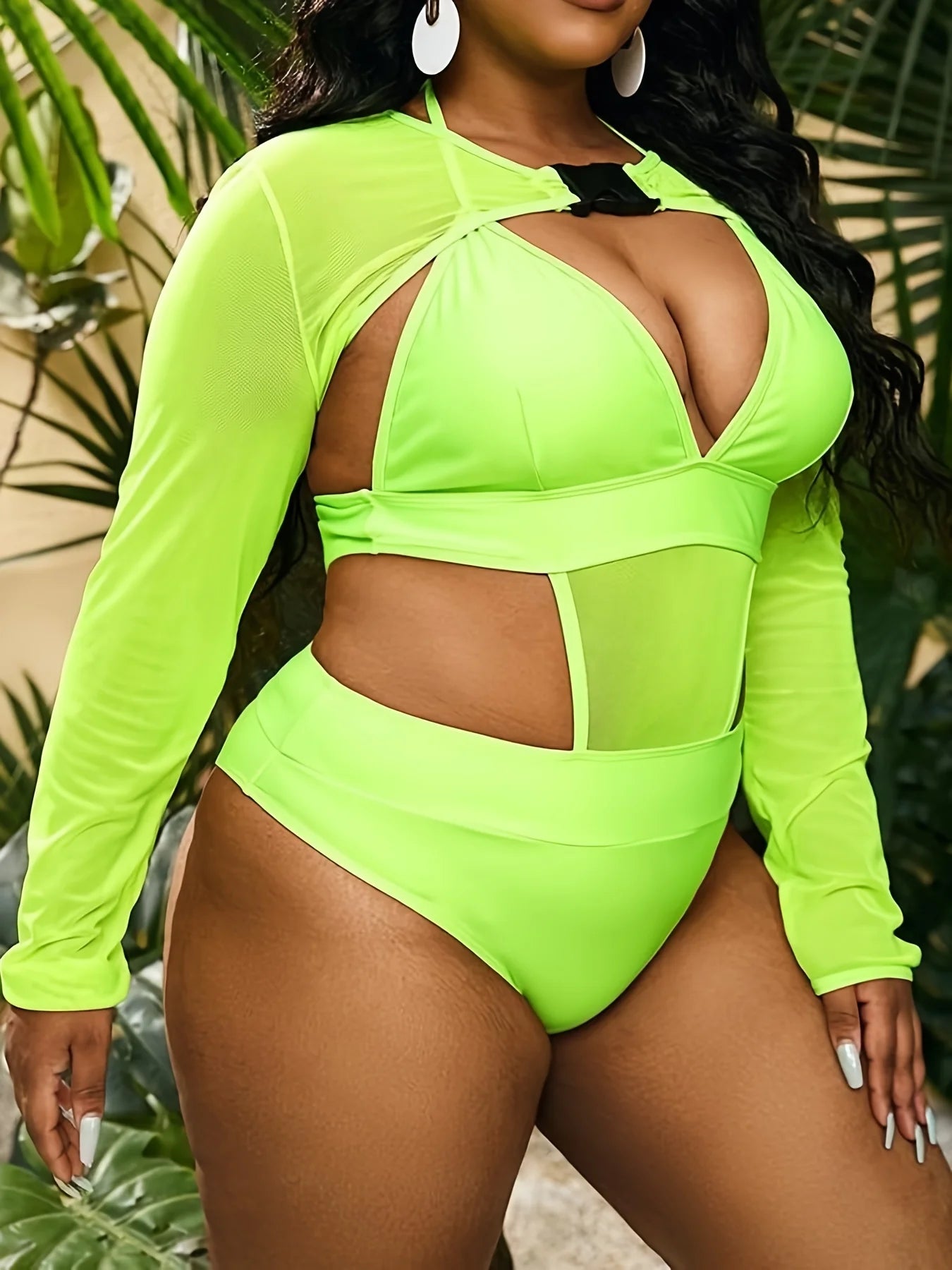 Curvy Flattering Contrast Mesh Solid One Piece Swimsuit With Cover.