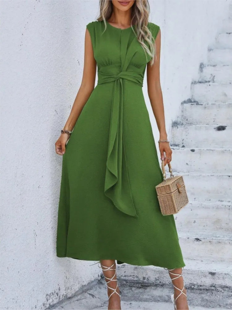 Women's Summer Solid Color Waistband Long Sleeveless Slim Elegant Dress 2025.   S-2X